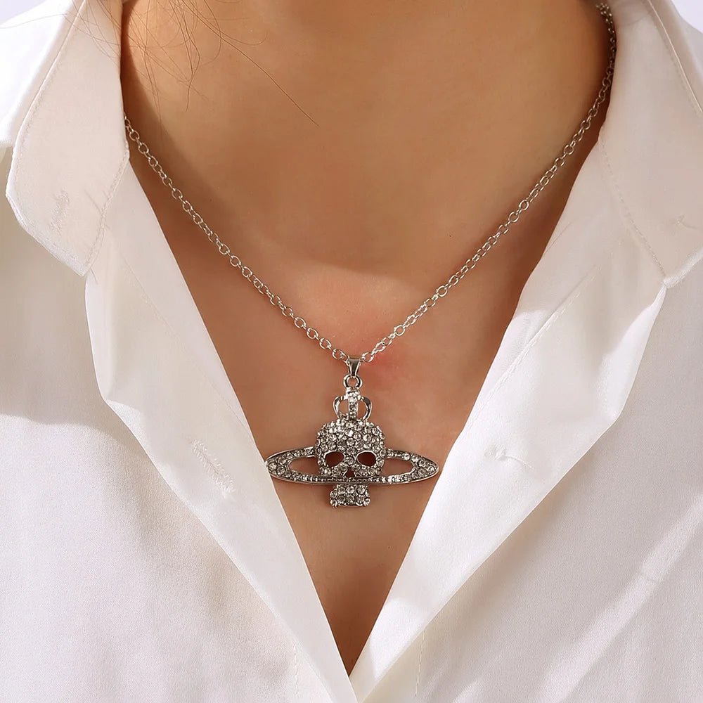 Punk Rhinestone Skull Cross Saturn Couples Chain Silver Metal Necklace Jewelry Gift