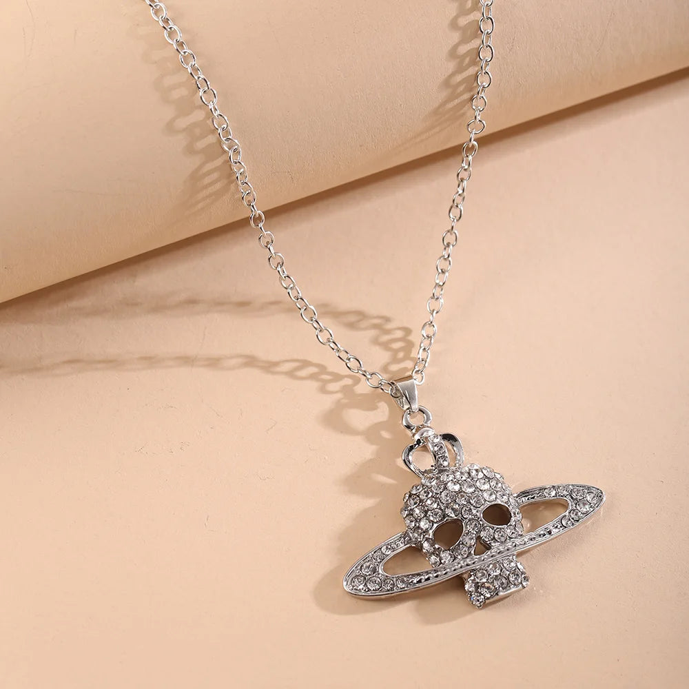 Punk Rhinestone Skull Cross Saturn Couples Chain Silver Metal Necklace Jewelry Gift